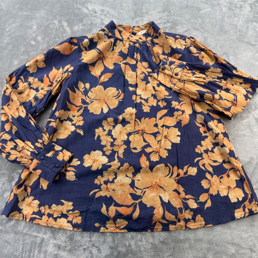 Beautiful by Lawrence Zarian Navy Orange Floral Mock Neck Blouse Small